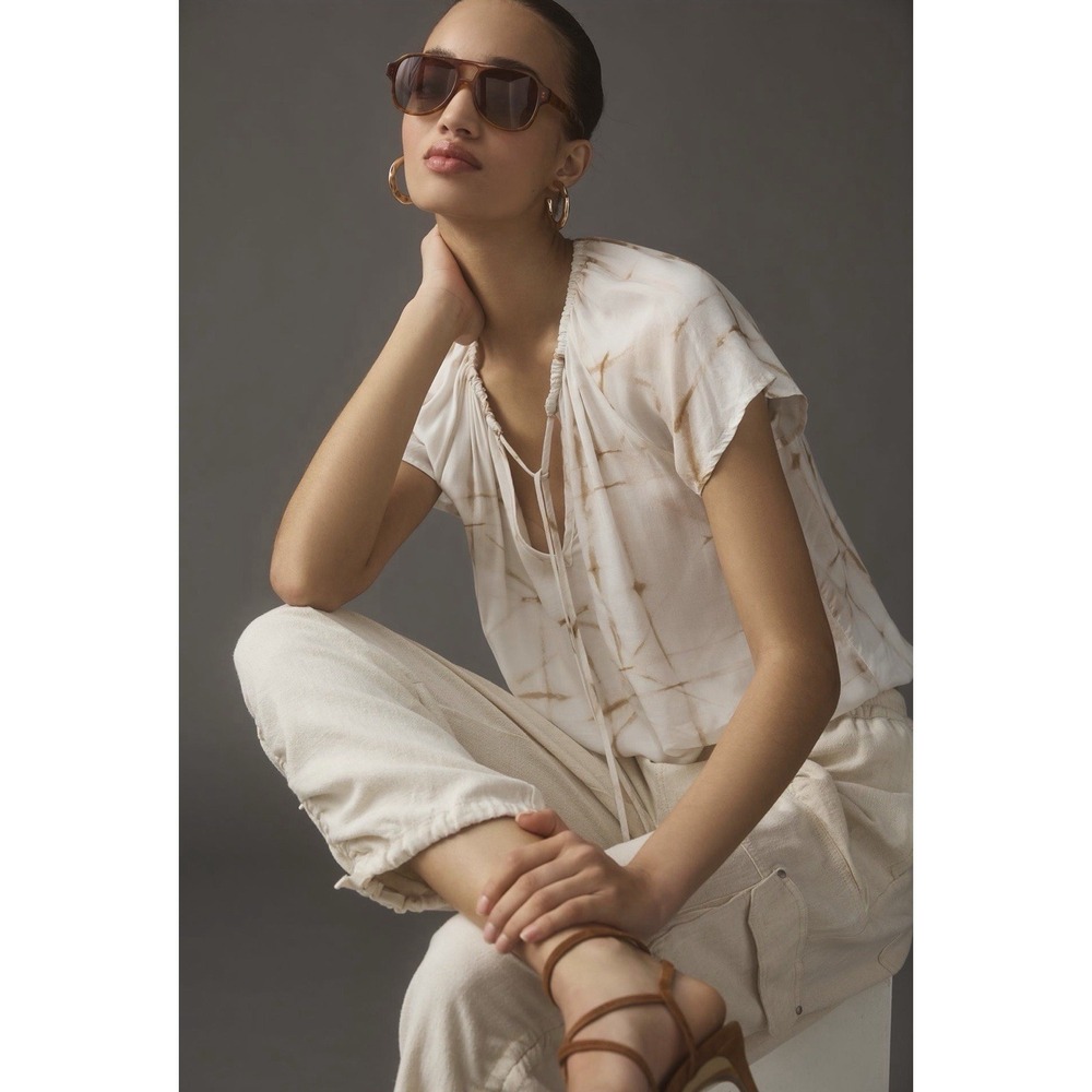 ANTHROPOLOGIE‎ CLOTH & STONE Women's Top MEDIUM Tie Neck Peasant Blouse Neutral